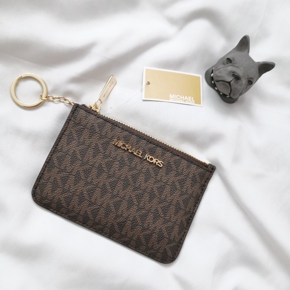 NWT Michael Kors Jet Set Travel Logo Small Zip Coinpouch ID Holder Brown $118
